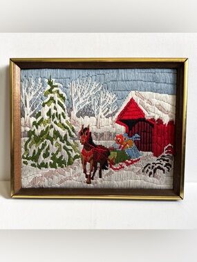 Vtg Framed Crewel Embroidery Snowy Winter Sleigh Horse Scene Signed 1982 Kitsch